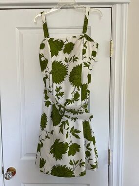 Belted Off White Dress with Olive Green Floral Print - Women's Summer Dress
